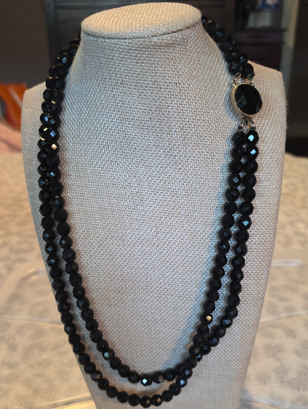 Vintage Double Strand Black Faceted Glass Bead Statement Necklace - 21 in.